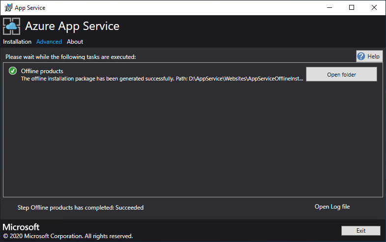 Offlineinstallationspaketet har genererats i Azure App Service Installer