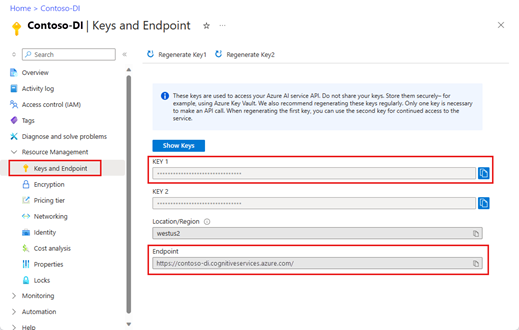 Skärmbild av nycklar och slutpunktssidan i Azure Portal.