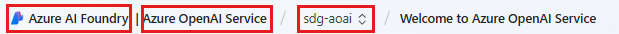 Skärmbild som visar det övre vänstra hörnet av skärmen för Azure AI Foundry när du använder Azure OpenAI utan projekt.