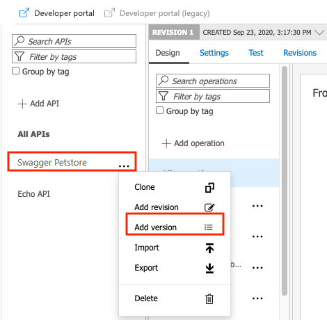 Skärmbild som visar kommandot för att lägga till version i API-snabbmenyn i portalen.