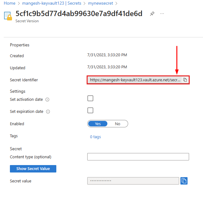 Skärmbild av hemlig identifierare för Key Vault