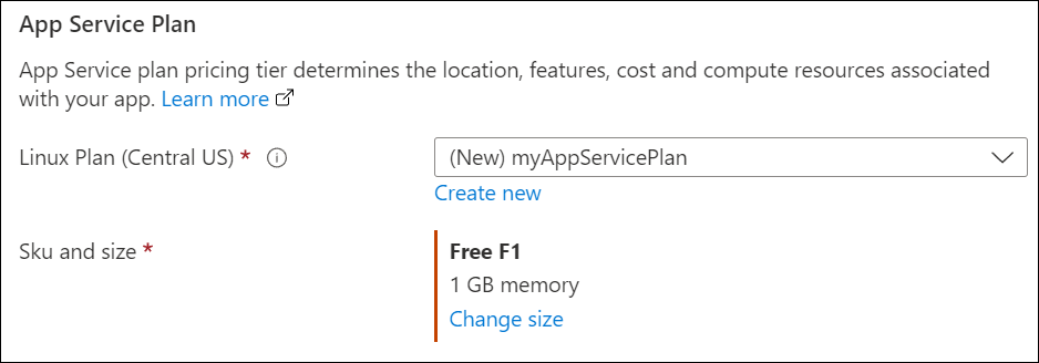 Skärmbild av alternativen för App Service-plan.
