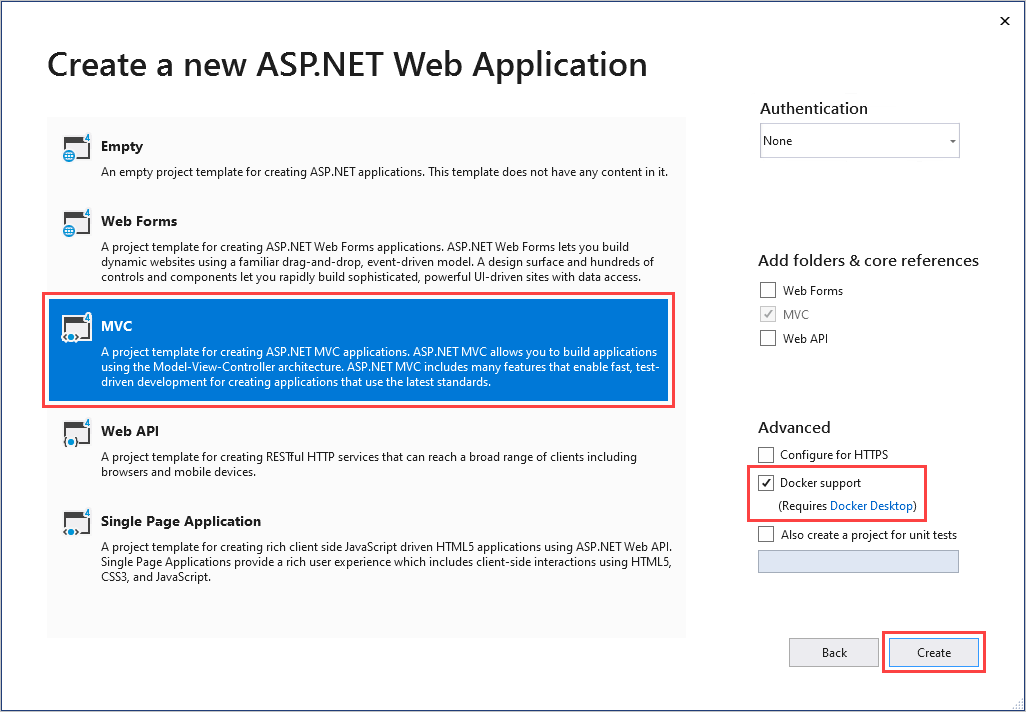 Skärmbild av dialogrutan Skapa ASP.NET webbprogram.