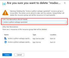 En skärmbild av bekräftelsedialogrutan för att ta bort en resursgrupp i Azure Portal.