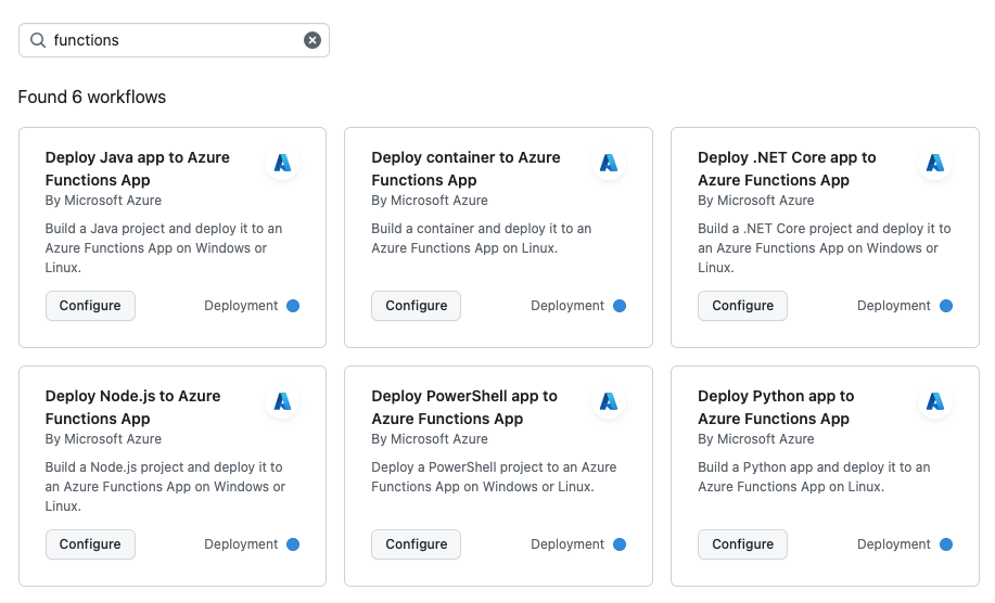 Skärmbild av sökning efter GitHub Actions-funktionsmallar. 