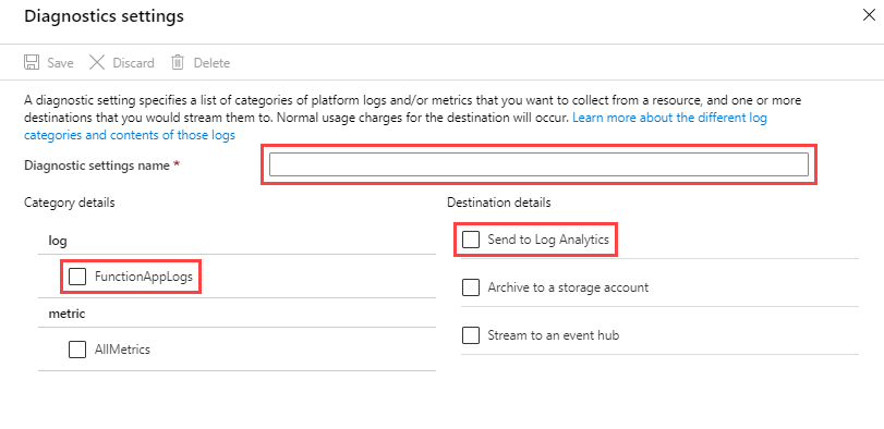 Skärmbild av att lägga till en diagnostikinställning för Azure Functions.