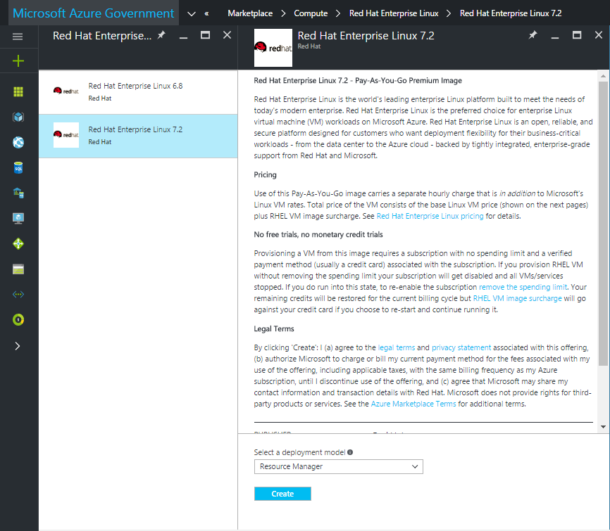 Screenshot shows selected example Red Hat Enterprise Linux 7.2 description and the Create button.