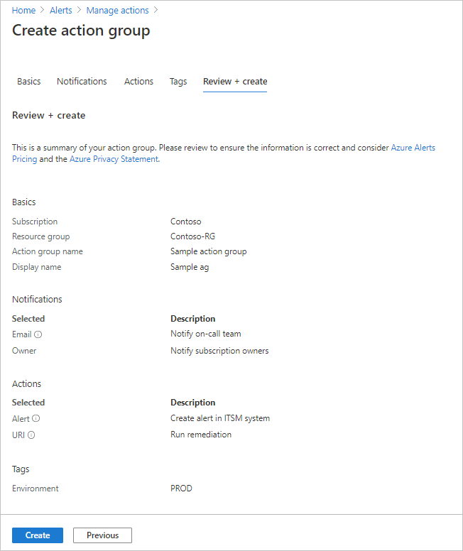 Skärmbild som visar fliken Granska + skapa i dialogrutan Skapa åtgärdsgrupp. Alla konfigurerade värden visas.