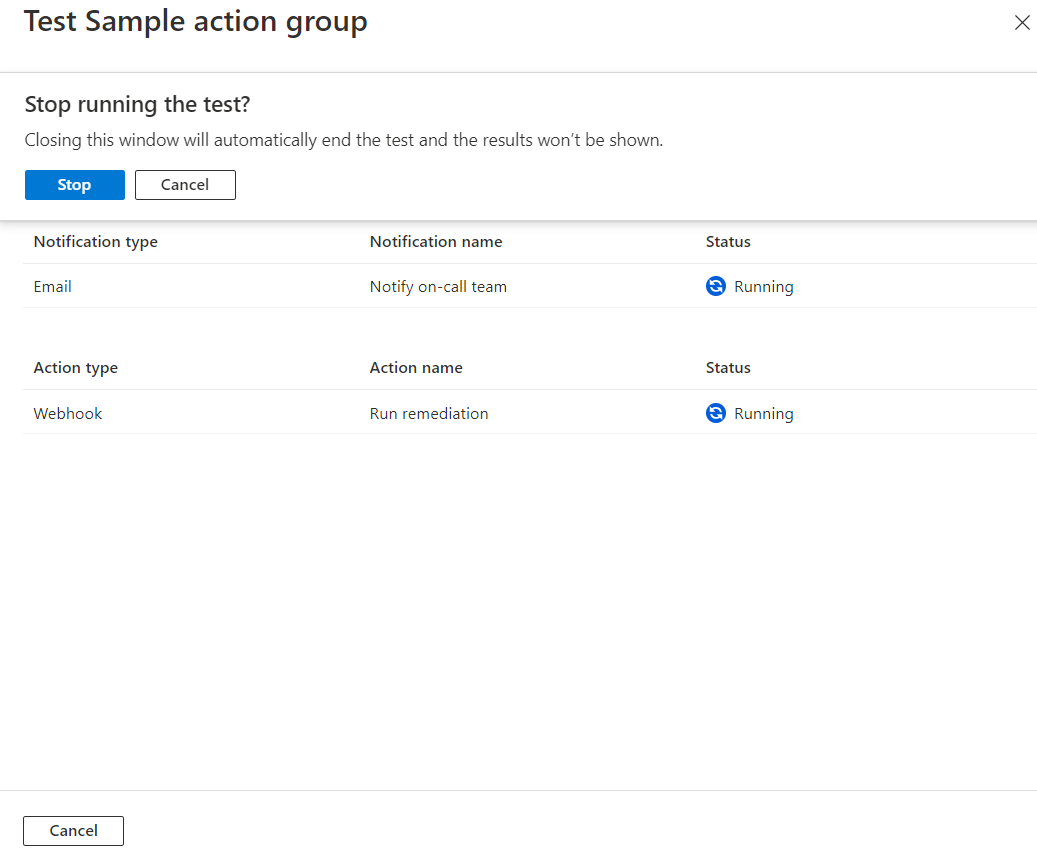 Skärmbild som visar åtgärdsgruppssidan Testexempel. En dialogruta innehåller en stoppknapp och frågar användaren om att stoppa testet.
