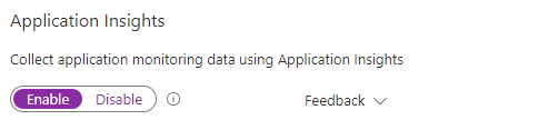 Skärmbild som visar aktivering av Application Insights.