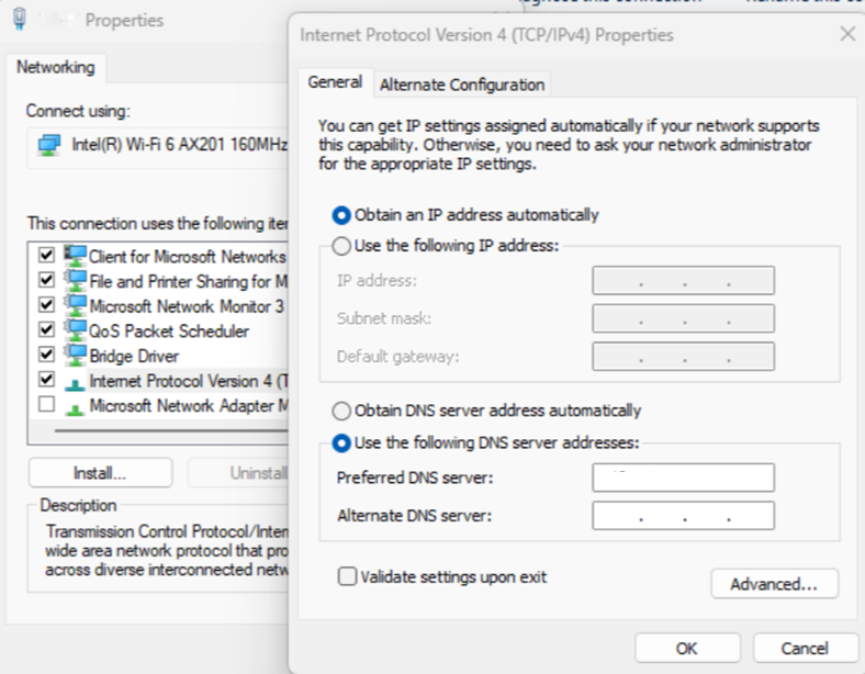 Skärmbild som visar DNS-serverns IP-adress.