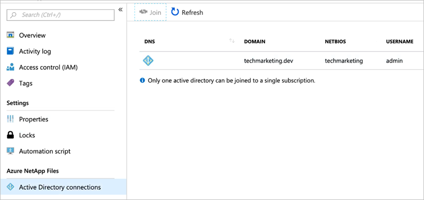 Skärmbild av menyn Active Directory-anslutningar som visar en anslutning som har skapats.