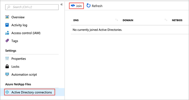 Skärmbild som visar menyn Active Directory-anslutningar. Kopplingsknappen är markerad.