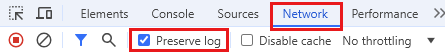 Skärmbild som markerar alternativet Bevara logg på fliken Nätverk i Chrome.