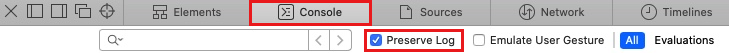 Skärmbild av alternativet Bevara logg på fliken Konsol i Safari.