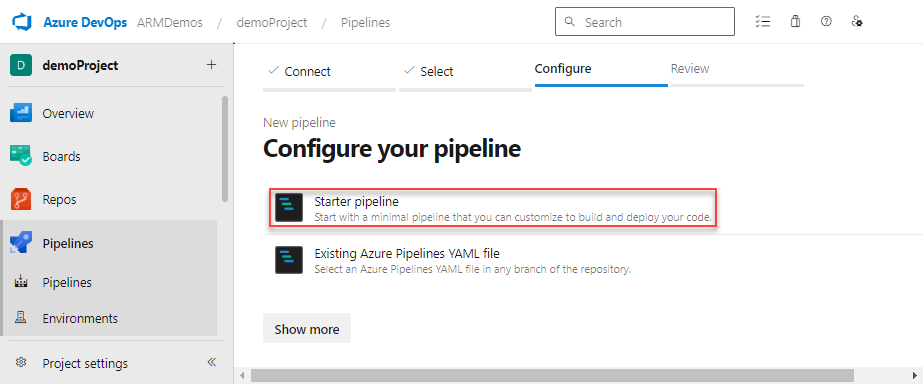 Skärmbild av att välja pipeline.