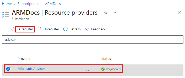 Skärmbild av omregistrering av en resursprovider i Azure Portal.