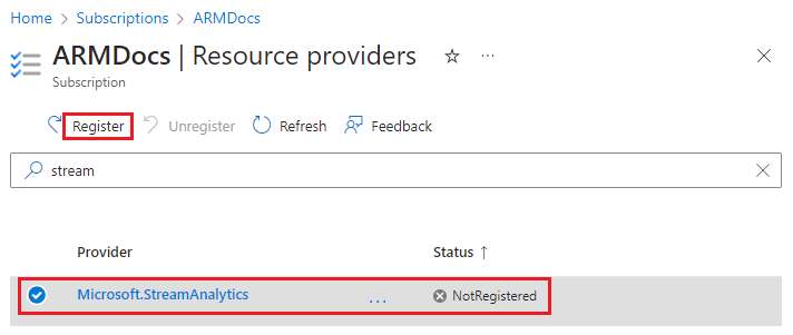 Skärmbild av registrering av en resursprovider i Azure Portal.