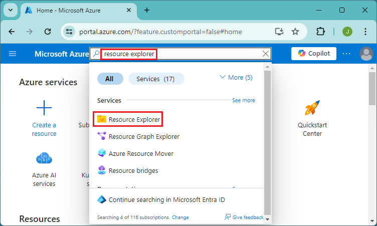 Skärmbild av att välja Alla tjänster i Azure Portal för att få åtkomst till Resource Explorer.