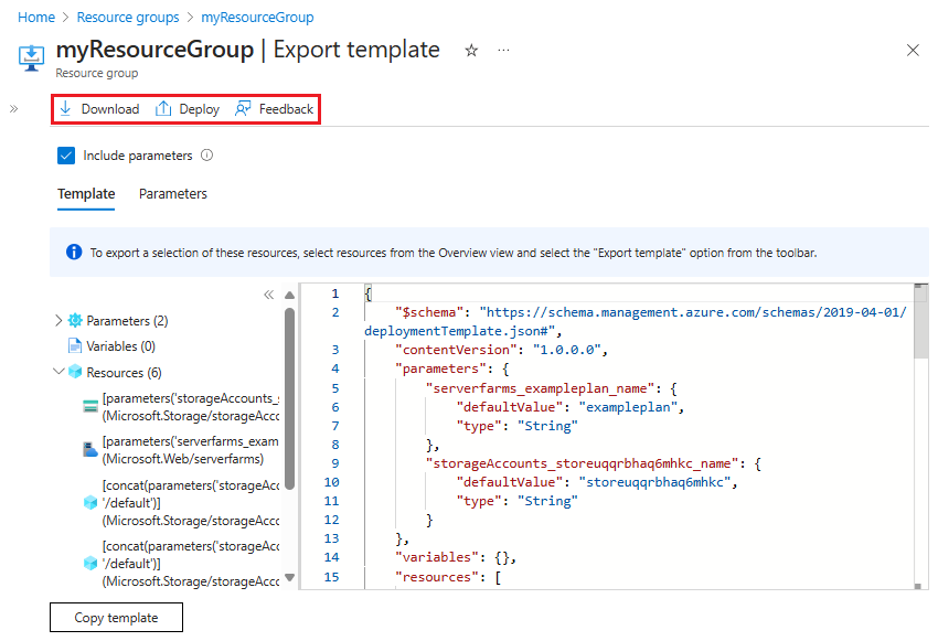 Skärmbild av den exporterade mallen som visas i Azure Portal.