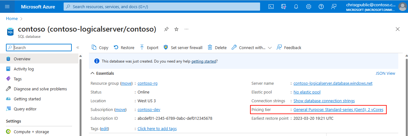 A screenshot of the Azure portal on the overview page of the adventure-works SQL database. The pricing tier 'General Purpose: Standard-series (Gen5), 2 vCores' is highlighted.