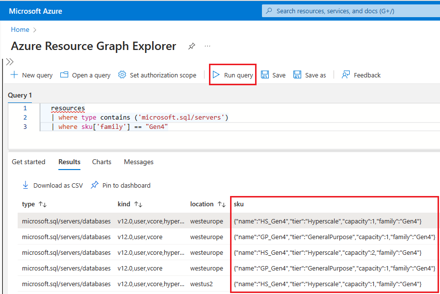 Skärmbild av Azure Resources Graph Explorer i Azure-portalen som visar frågeresultat för att identifiera gen4-maskinvara.