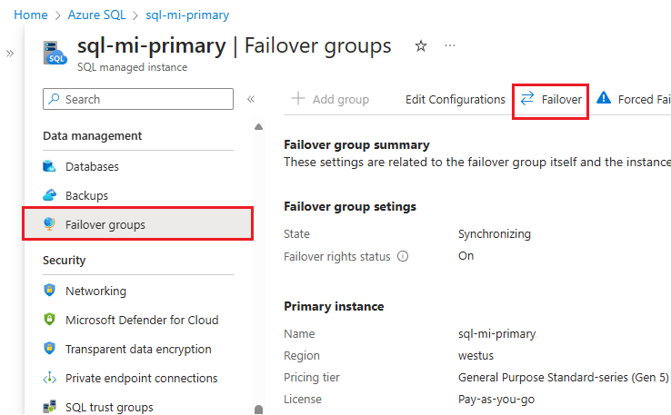 Screenshot to fail over the failover group in Azure portal.