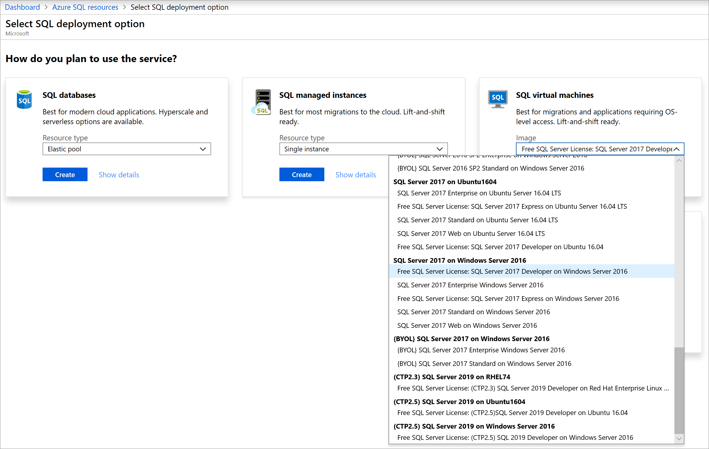 Screenshot that shows where you select the Free SQL Server License: SQL Server 2017 Developer on Windows Server 2016 image.