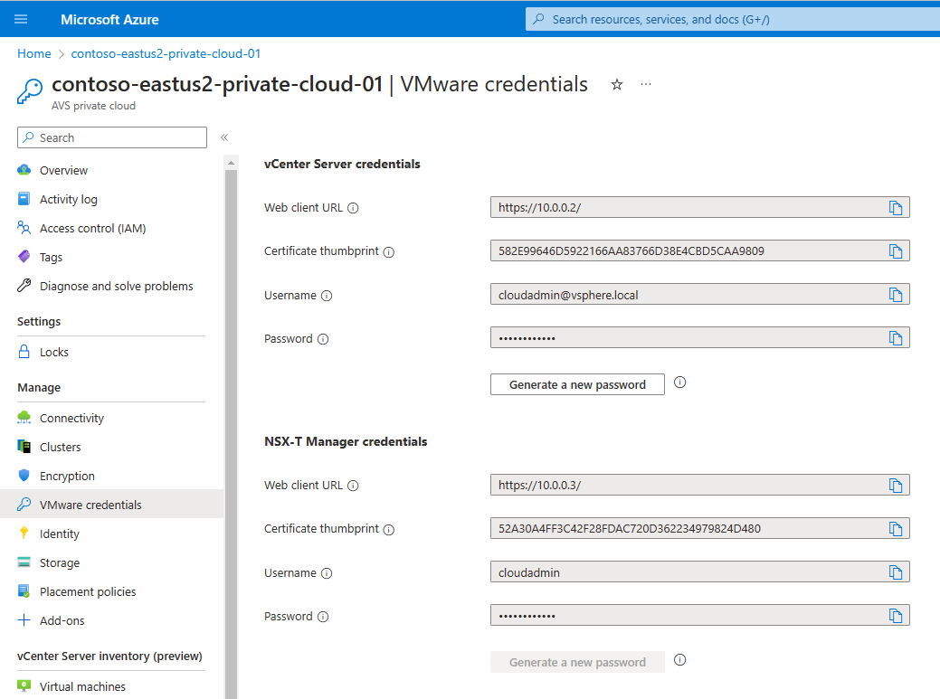 Skärmbild som visar privata vCenter- och NSX Manager-URL:er och autentiseringsuppgifter i Azure Portal.