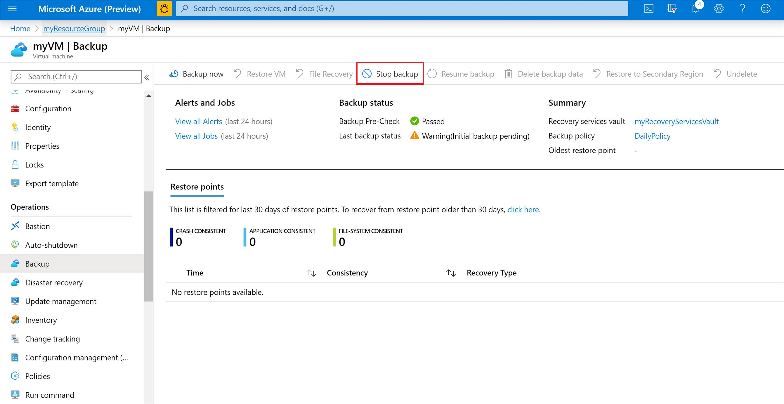 Skärmbild som visar hur du stoppar säkerhetskopiering av virtuella datorer från Azure Portal.