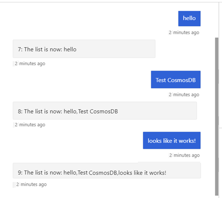 En konversation med roboten som visar roboten som behåller en lista över meddelanden från användaren.