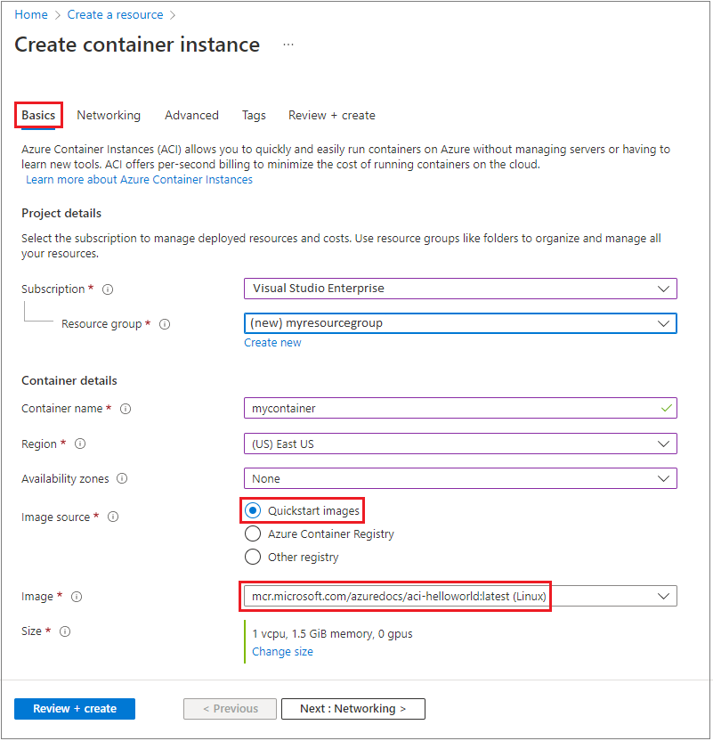 Konfigurera grundläggande inställningar för en ny containerinstans i Azure Portal