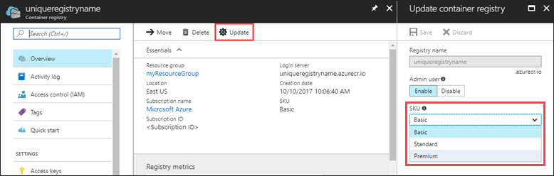 Uppdatera containerregistrets SKU i Azure Portal