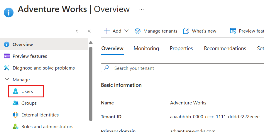 Skärmbild av alternativet Användare på tjänstmenyn för Microsoft Entra ID-klientorganisationen.