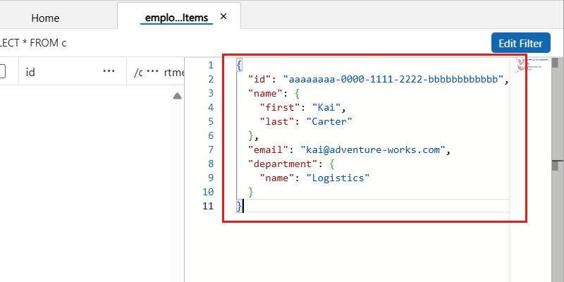 Skärmbild av JSON-innehållet för ett nytt objekt i Datautforskaren.