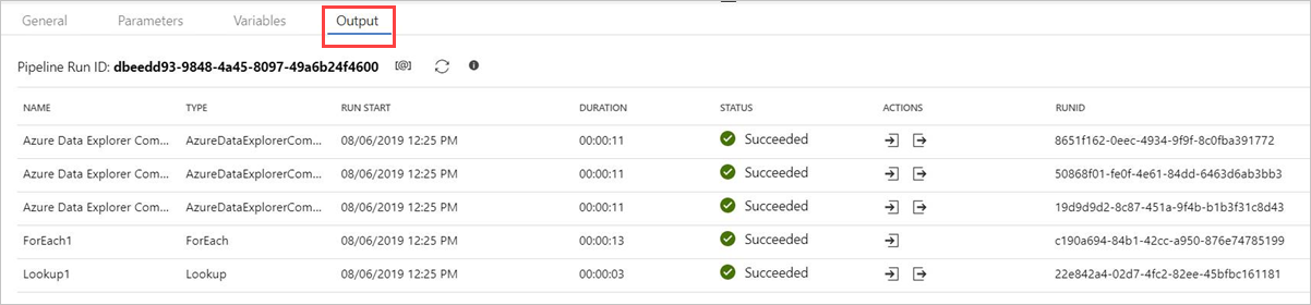 azure data explorer-kommandoaktivitetsutdata.