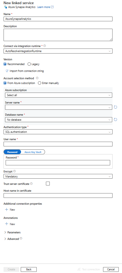 Skärmbild av konfigurationen för en länkad Azure Synapse Analytics-tjänst.