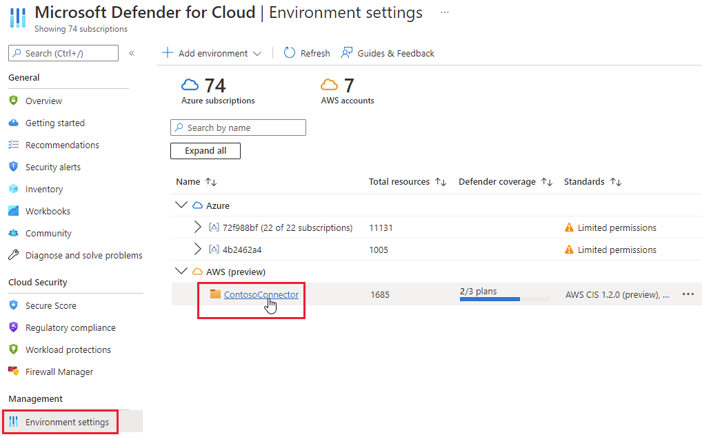 Skärmbild av en AWS-anslutning i miljöinställningarna för Defender för molnet.