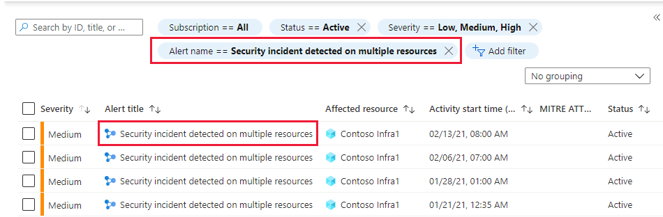 Lista över incidenter på sidan med säkerhetsaviseringar i Microsoft Defender för molnet.