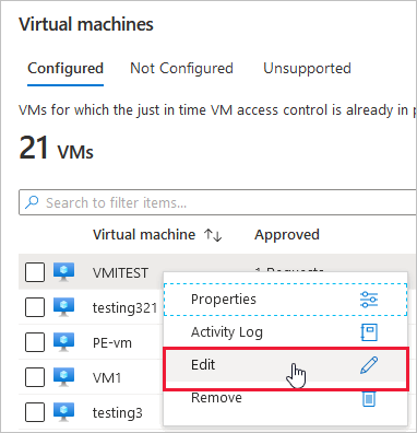 Redigera en JIT VM-åtkomstkonfiguration i Microsoft Defender för molnet.