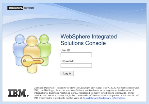 Skärmbild av inloggningssidan för IBM WebSphere Integrated Solutions Console.