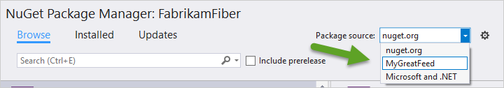 Skärmbild som visar val av en paketkälla i Visual Studio.
