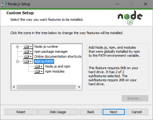 En skärmbild som visar hur du konfigurerar node.js.