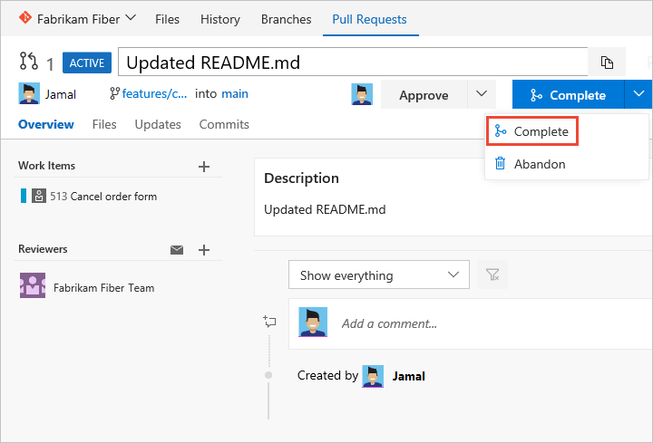 Skärmbild som visar sidan Pull Request (Pull Request) och Create pull request (Skapa pull-begäran).