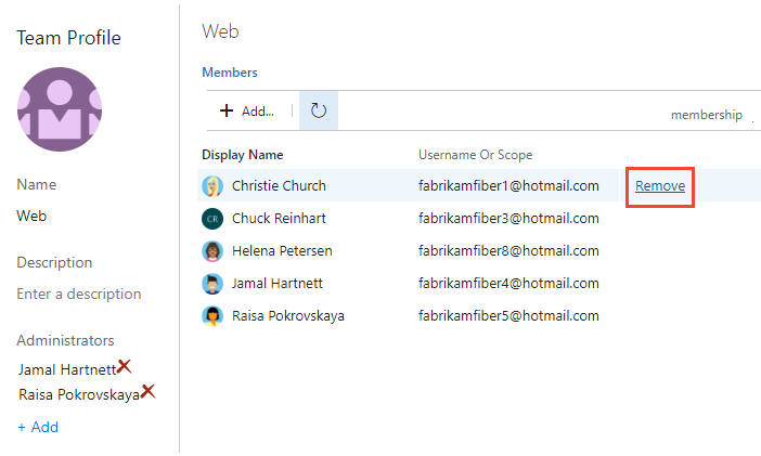 Skärmbild av sidan Teamprofil, ta bort en gruppmedlem.