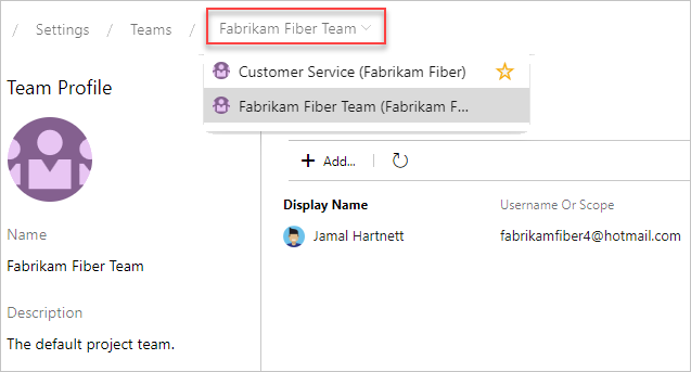 Skärmbild av Team Configuration, Team breadcrumb.