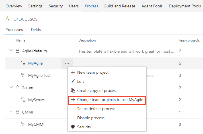 Snabbmeny för agil process, Välj Ändra teamprojekt för att använda MyAgile