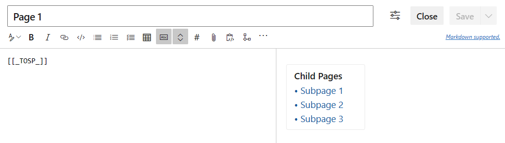 Skärmbild som visar markdown för underordnade sidor på sidan 1.