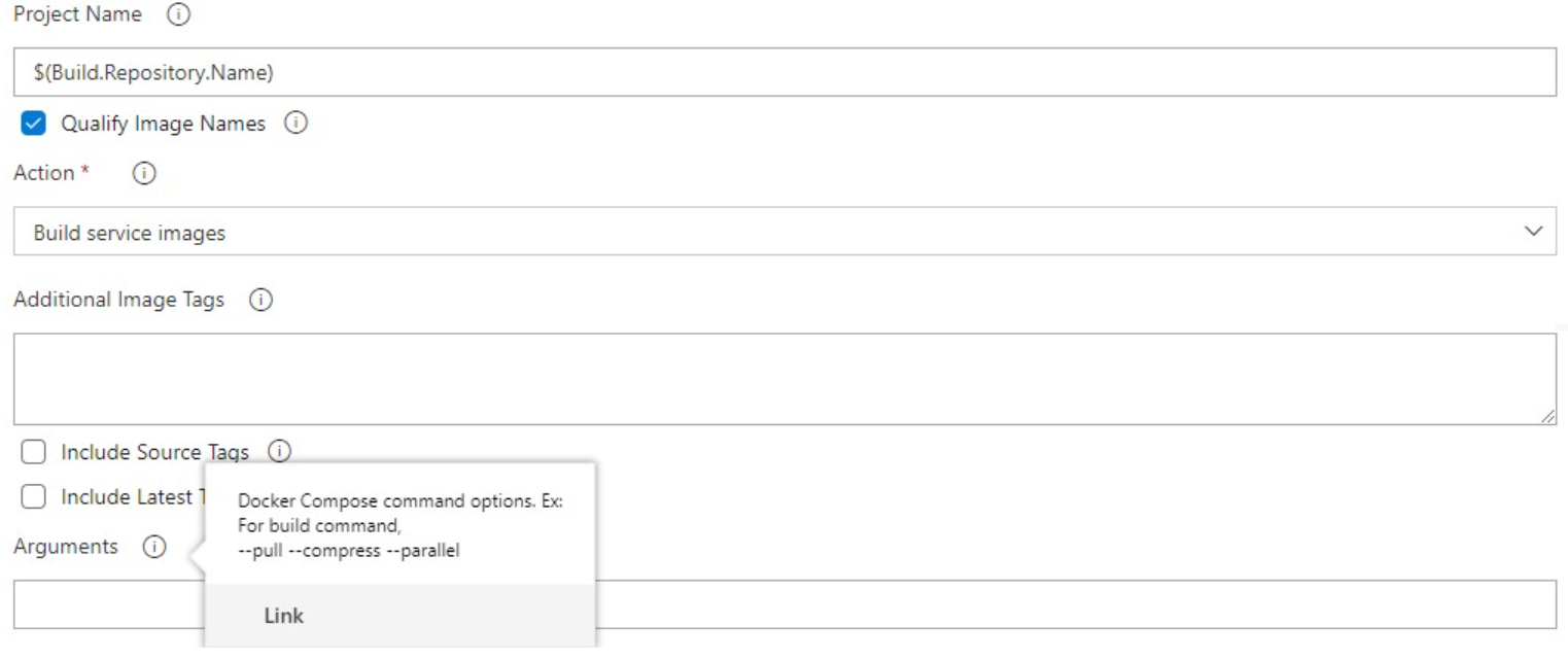 Argument som matas in i Docker Compose-aktiviteten.