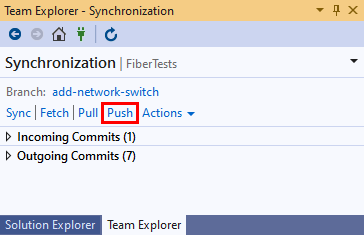 Skärmbild av push-länken i synkroniseringsvyn för Team Explorer i Visual Studio 2019.